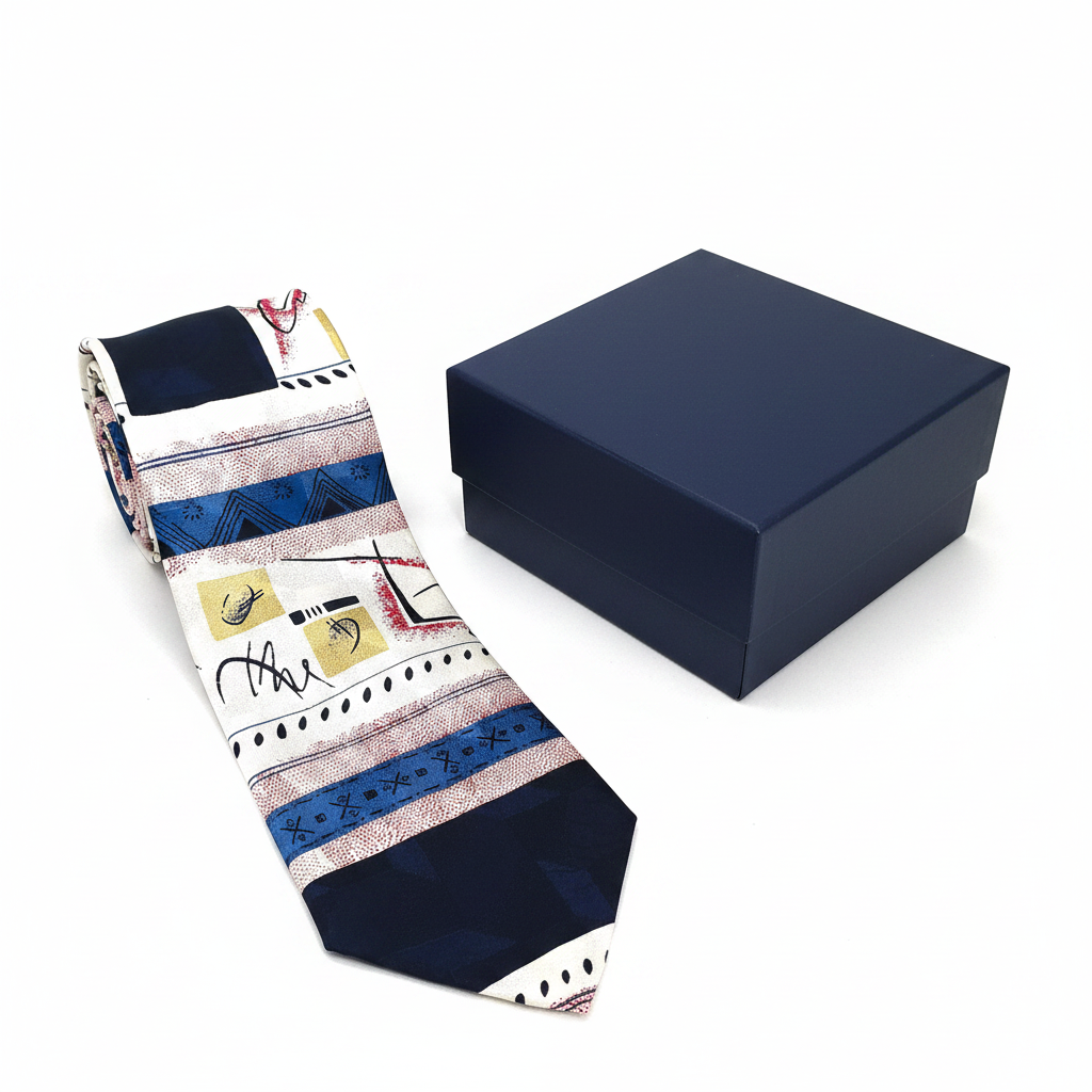 A multicolored necktie with a geometric pattern, displayed on a white background.