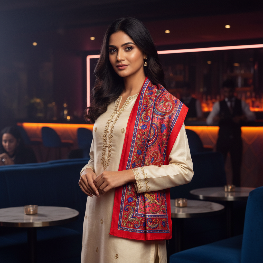 Red paisley patterned scarf on a white background