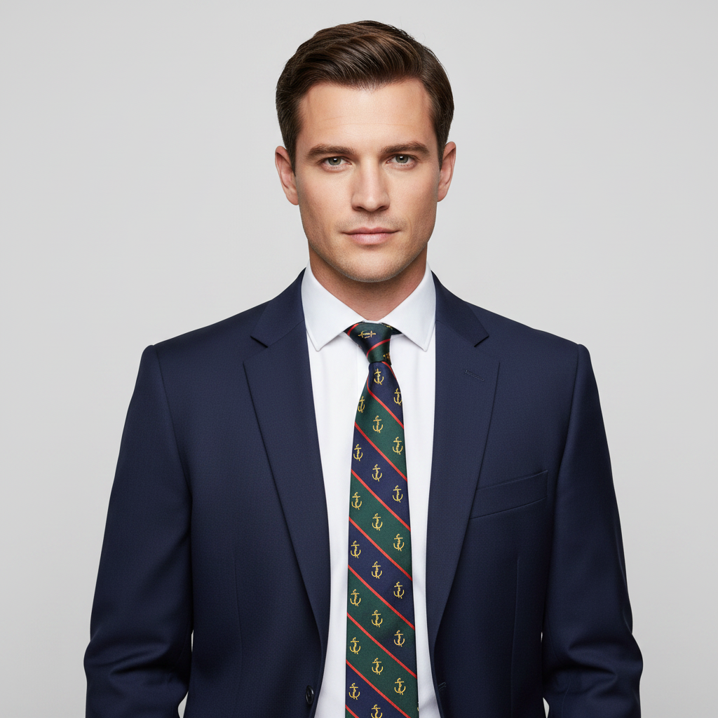 Navy tie with red stripes and yellow anchor pattern on a white background