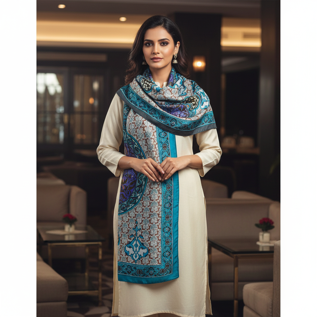 Decorative scarf with intricate patterns on a white background