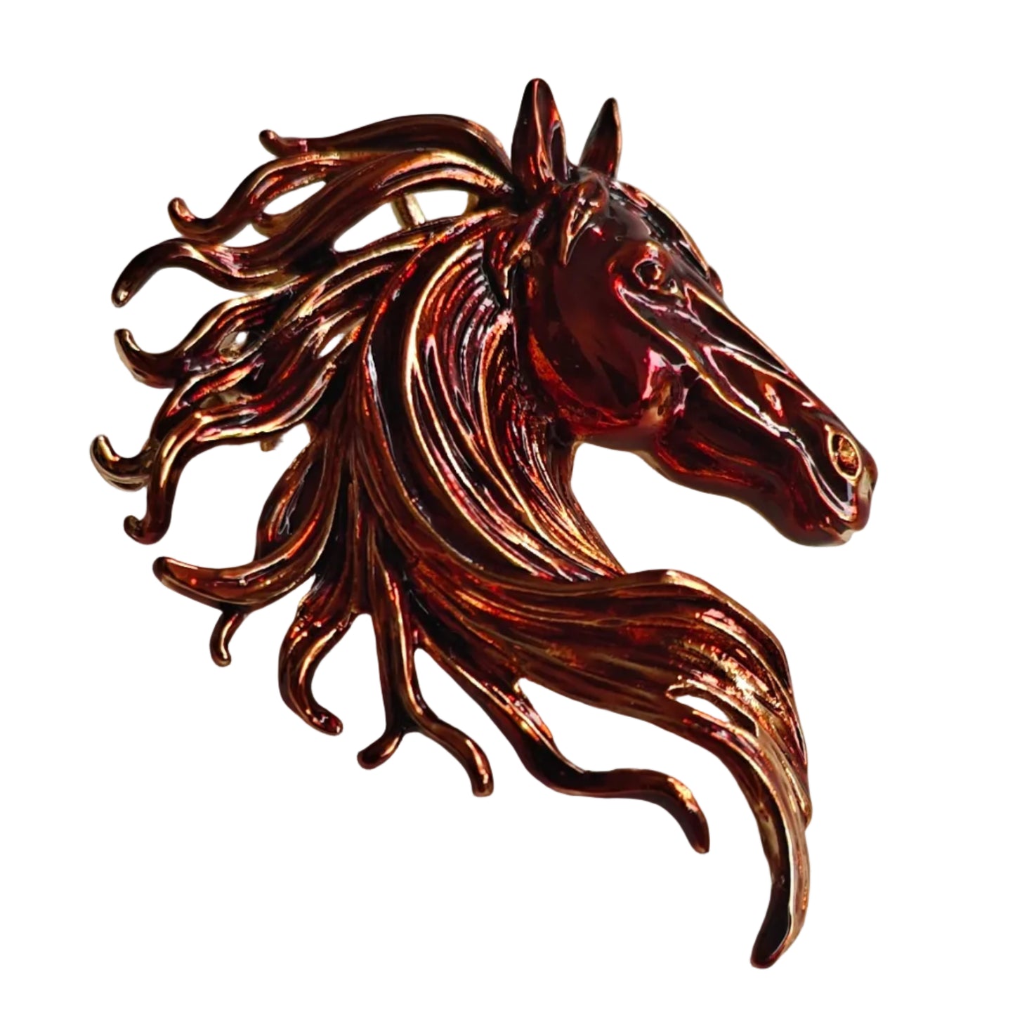 A metallic horse head brooch in a polished copper or rose-gold tone, photographed on a plain light background.