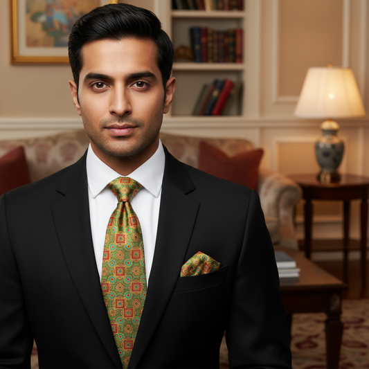 A set of a green silk tie and a matching pocket square presented in an open box with a white interior. The tie has a geometric pattern.