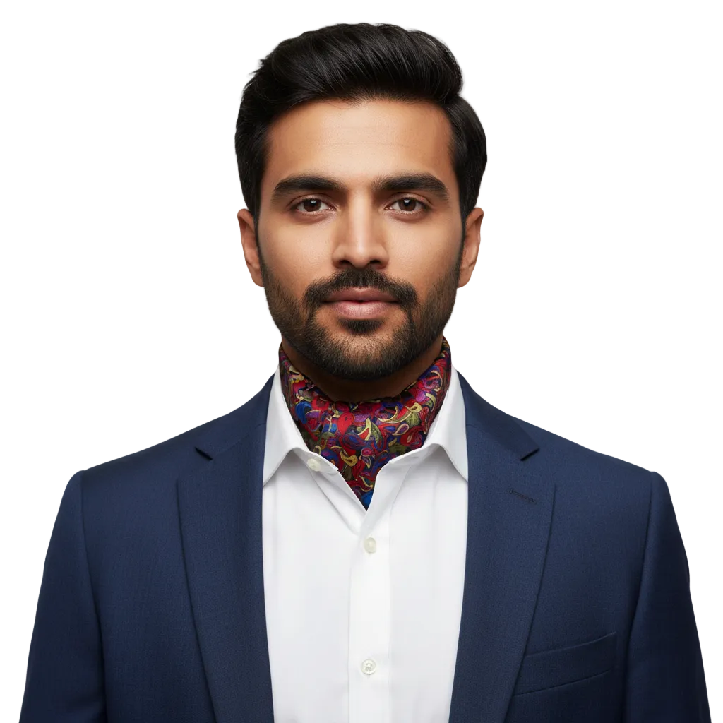A colorful paisley print silk cravat with a red border and a Velcro fastener at the back.