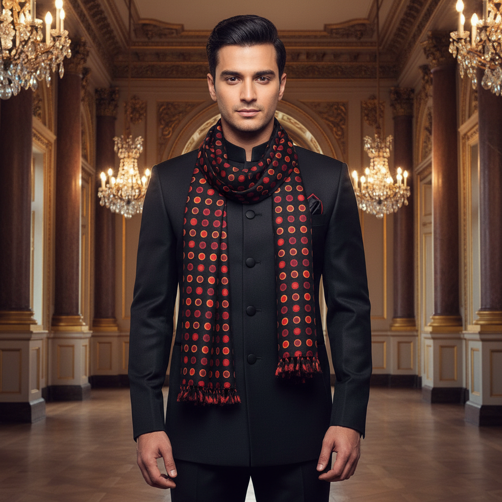 A black silk scarf with red, orange, and pale yellow polka dots and tasselled silk ends.