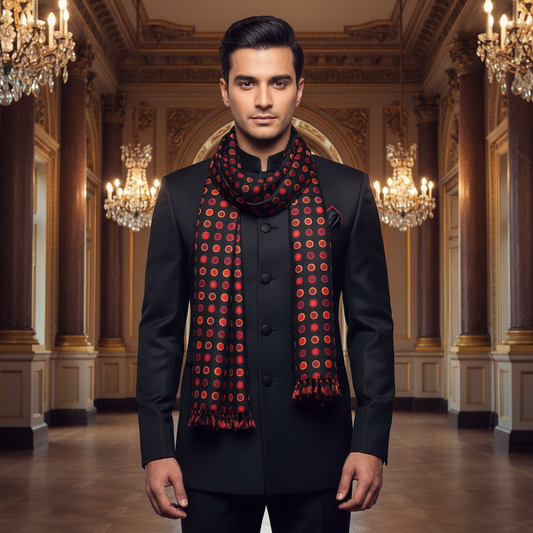 A black silk scarf with red, orange, and pale yellow polka dots and tasselled silk ends.