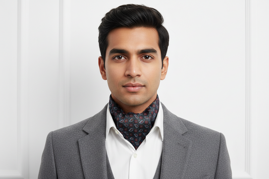 A dark grey silk cravat with a paisley pattern, displayed on a plain background.