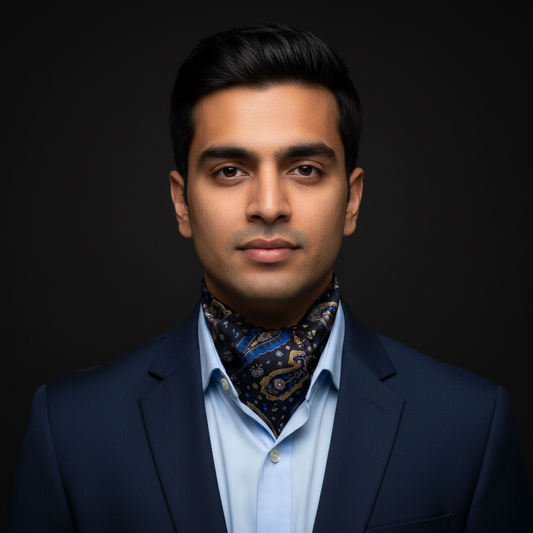 A twill silk cravat necktie with a midnight blue color and a geometric pattern featuring gold and dark blue.