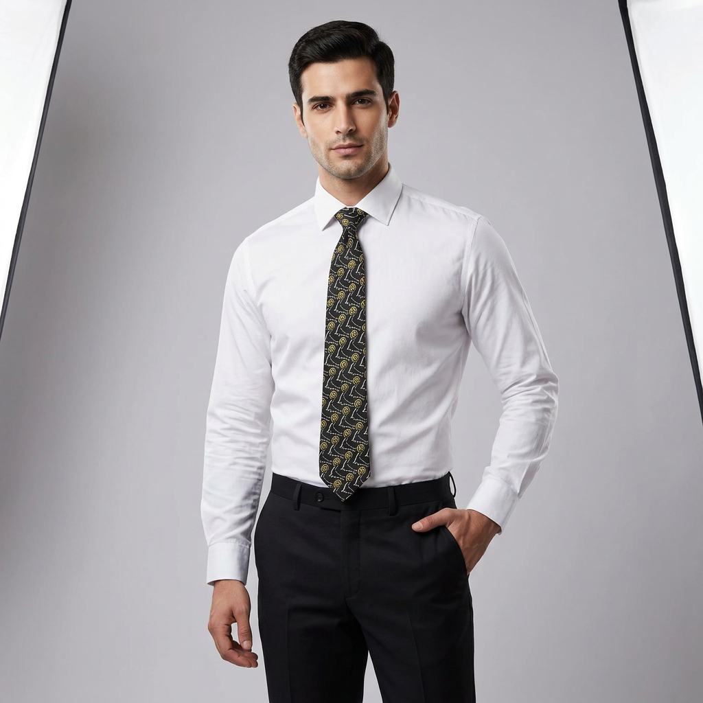 A black silk tie with a playful seal design, presented on a white background alongside a product card with the brand 'MilitaryMojo'.
