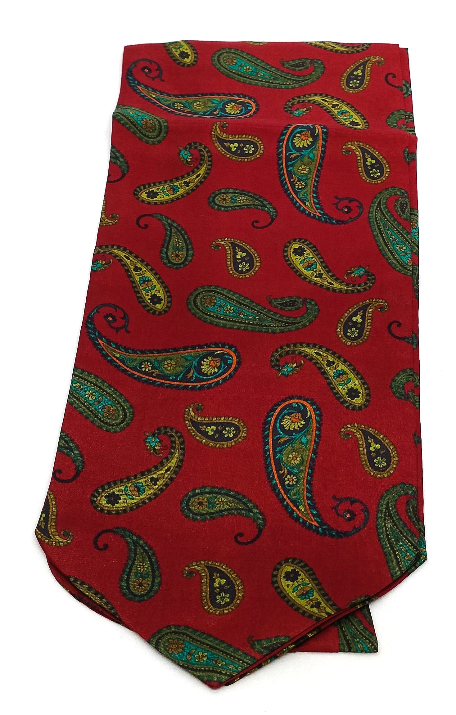 Red paisley patterned ascot tie on a white background
