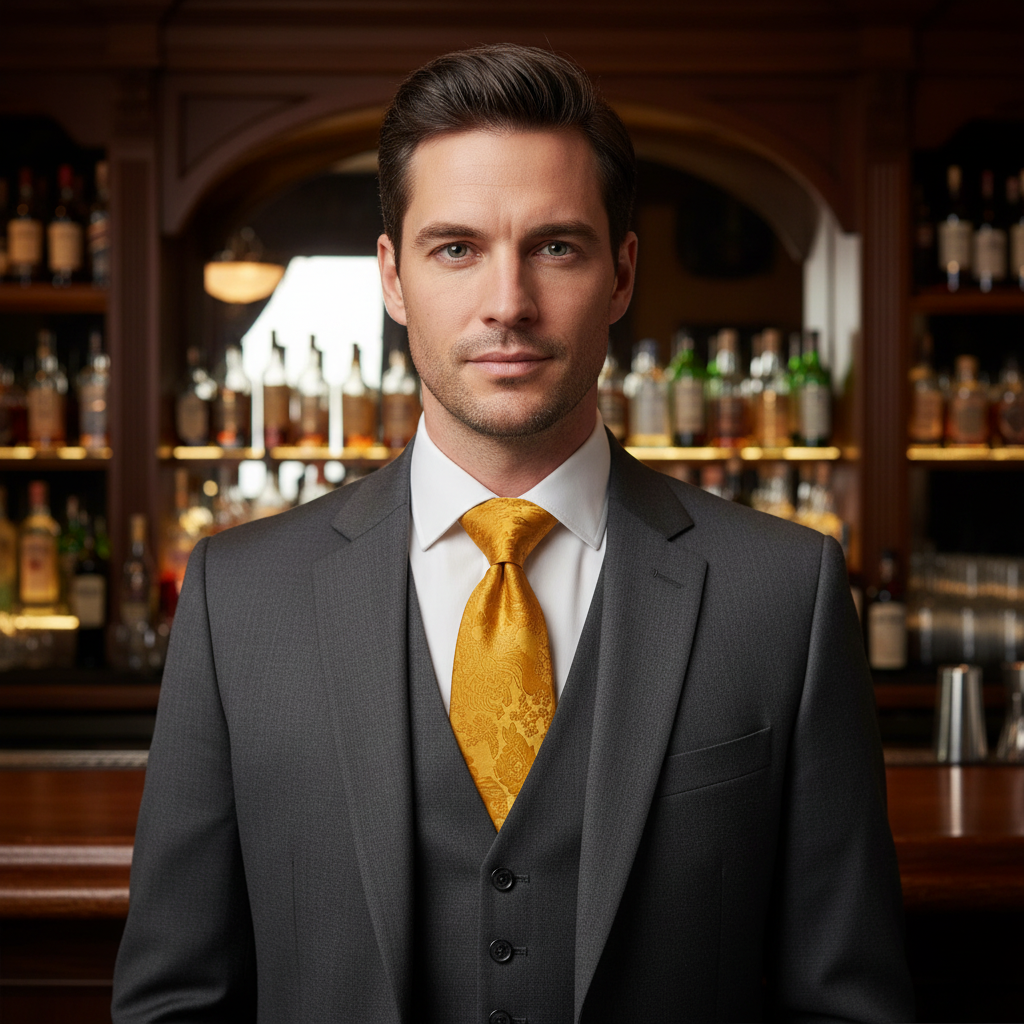 Gold floral-patterned tie in a black box on a white background