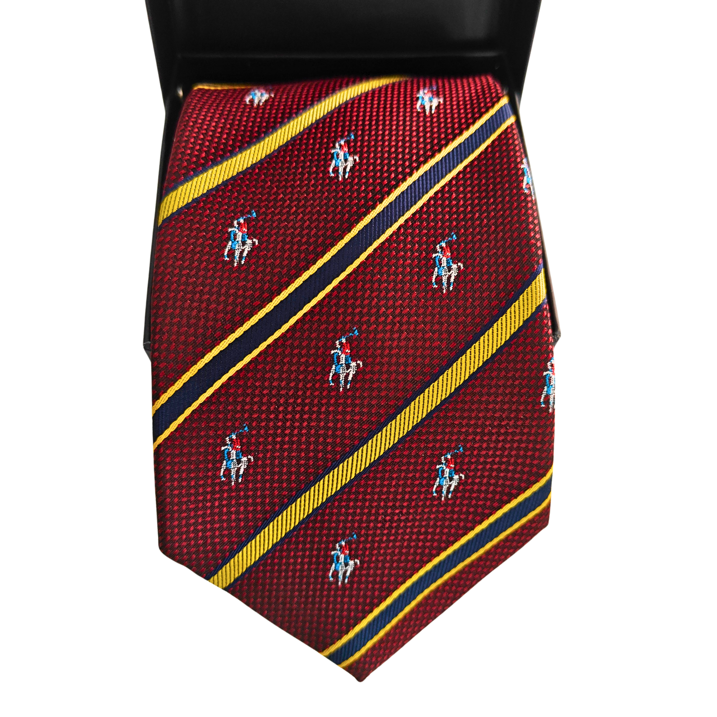Maroon tie with yellow and blue stripes and small embroidered figures on a white background