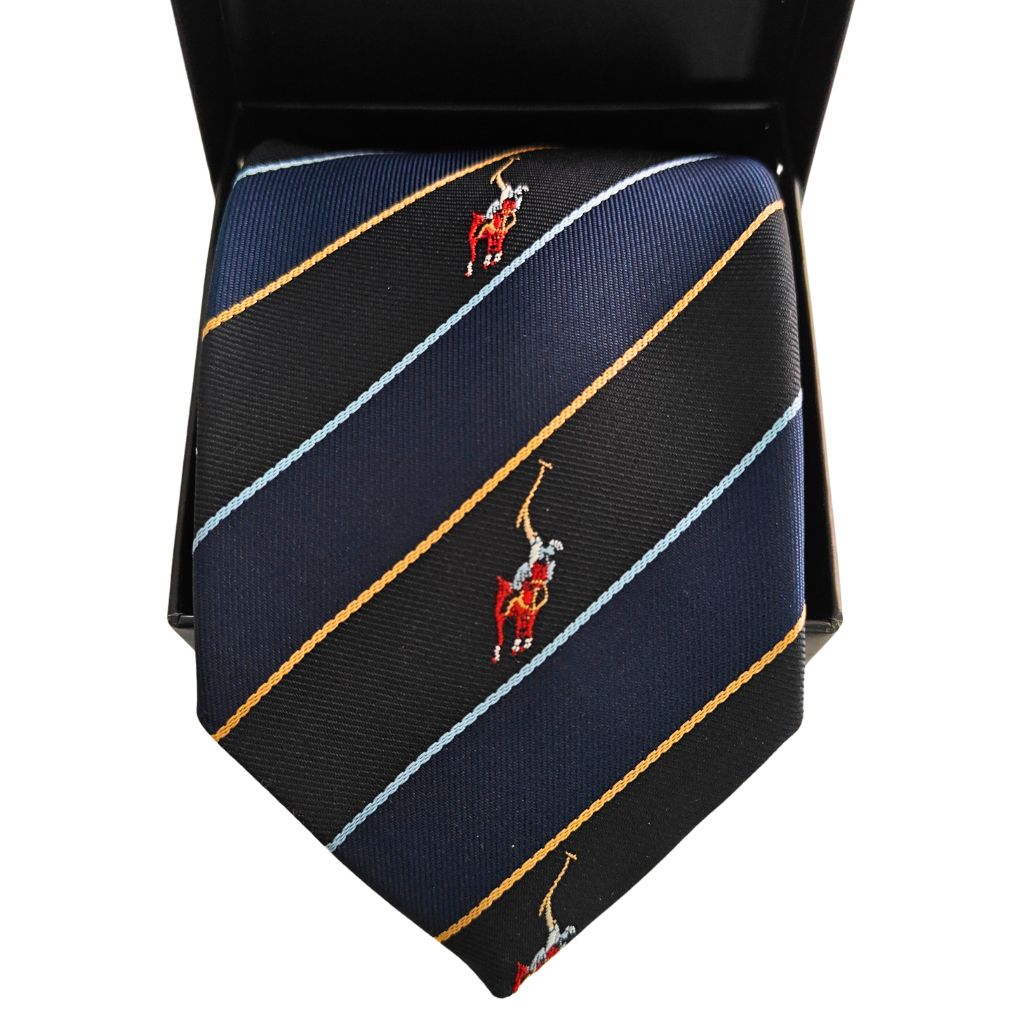 Navy striped tie with embroidered polo player design in a box