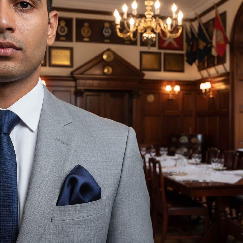 Man in a gray suit with a blue tie and pocket square in an elegant room with chandeliers and flags.