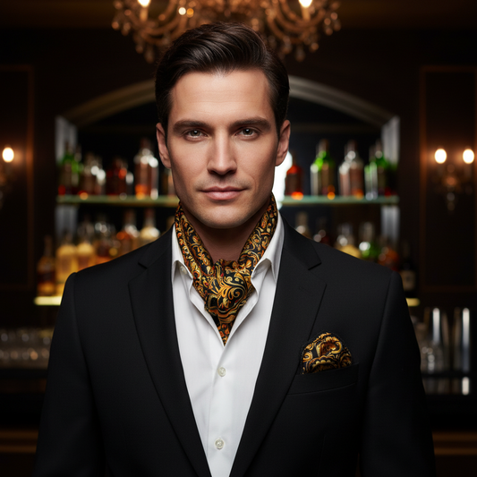 Patterned scarf with matching pouch on a white background