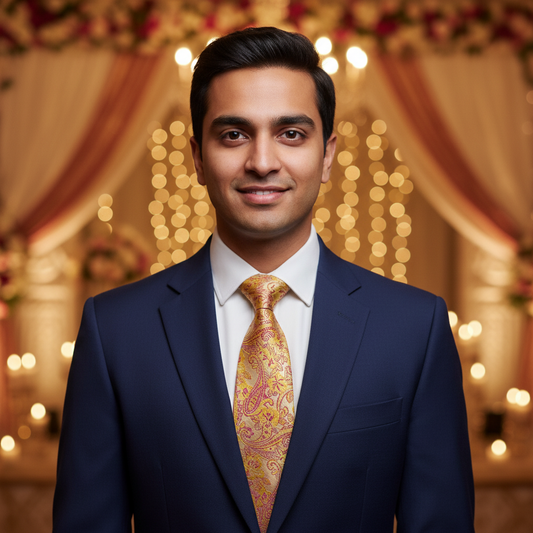 Yellow and pink paisley tie in a black box on a white background
