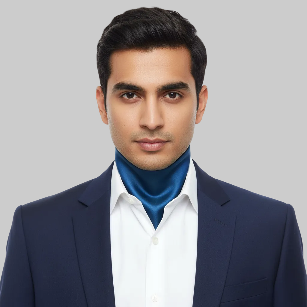 Man wearing a navy suit with a blue scarf on a white background