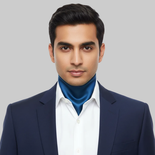 Man wearing a navy suit with a blue scarf on a white background