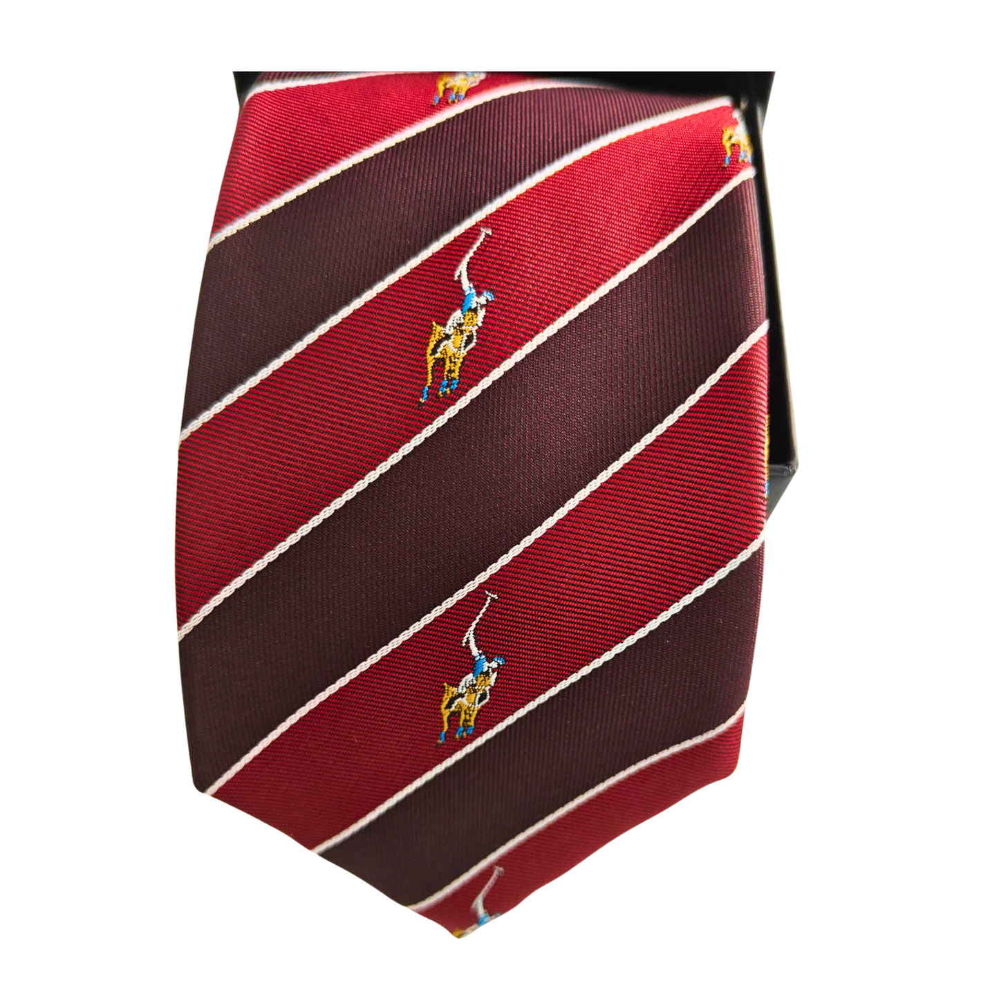 Red and brown striped tie with embroidered polo player design on a white background