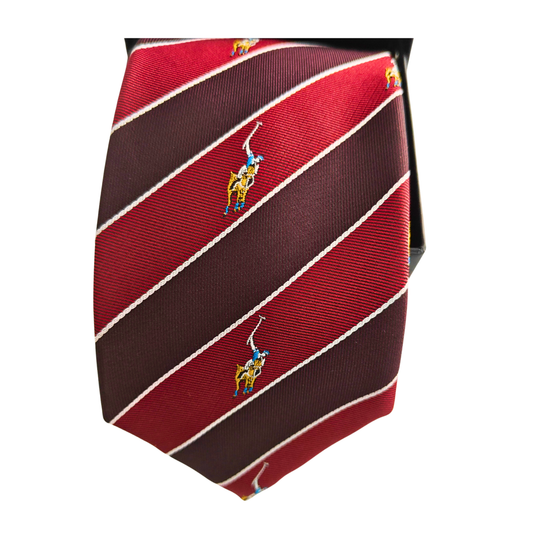 Red and brown striped tie with embroidered polo player design on a white background