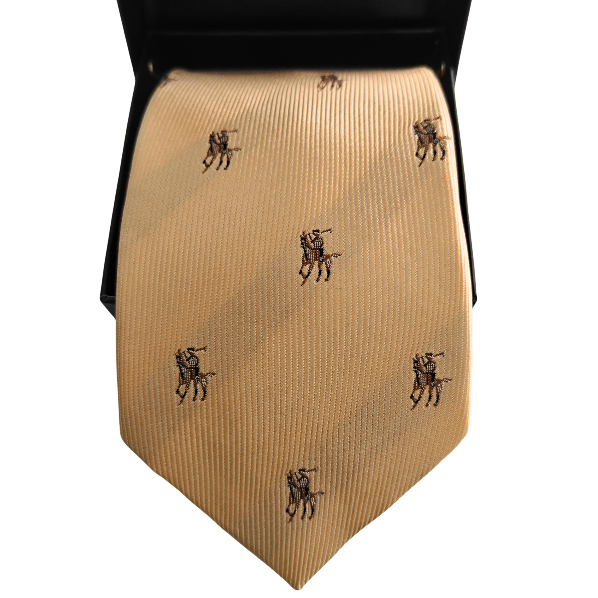 Beige tie with polo player pattern on a white background