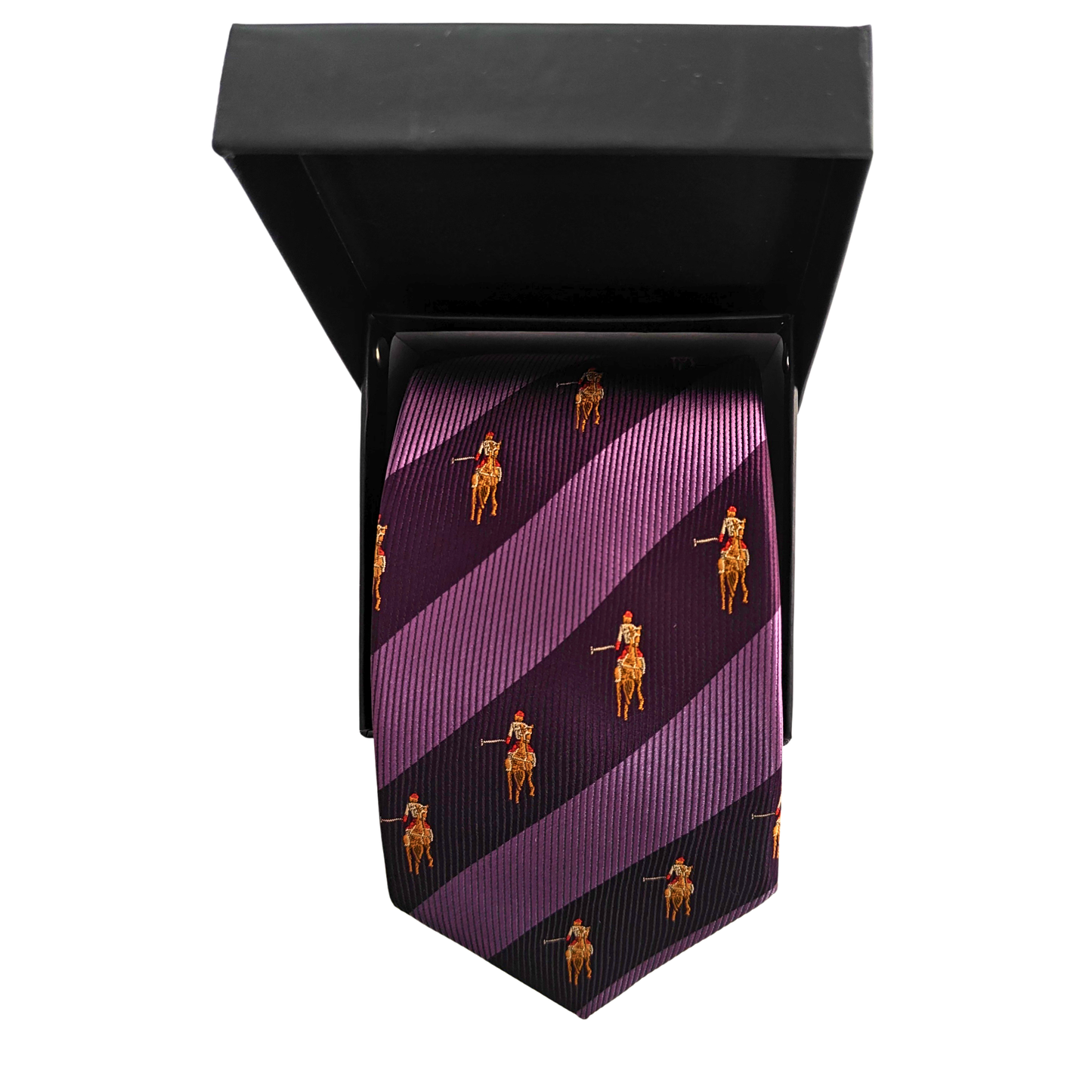 Purple striped tie with gold patterns in a black box on a white background