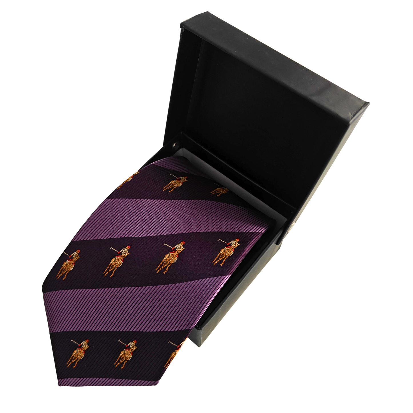 Purple striped tie with embroidered polo player design in a black box on a white background