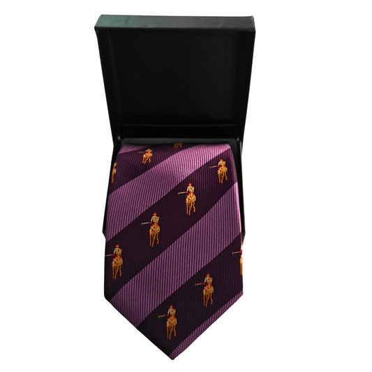Purple striped tie with gold patterns in a black box on a white background