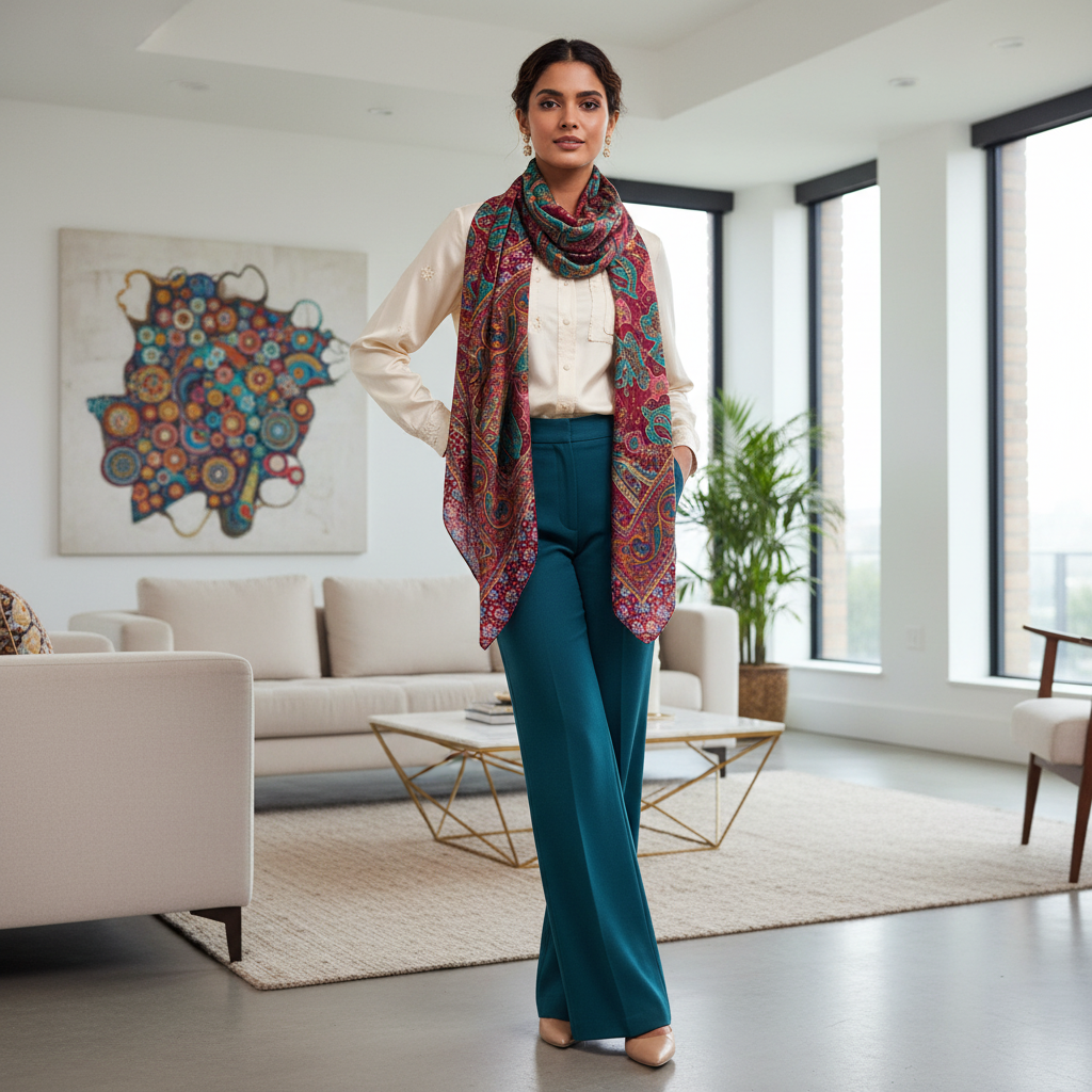 Colorful paisley patterned scarf on a white background