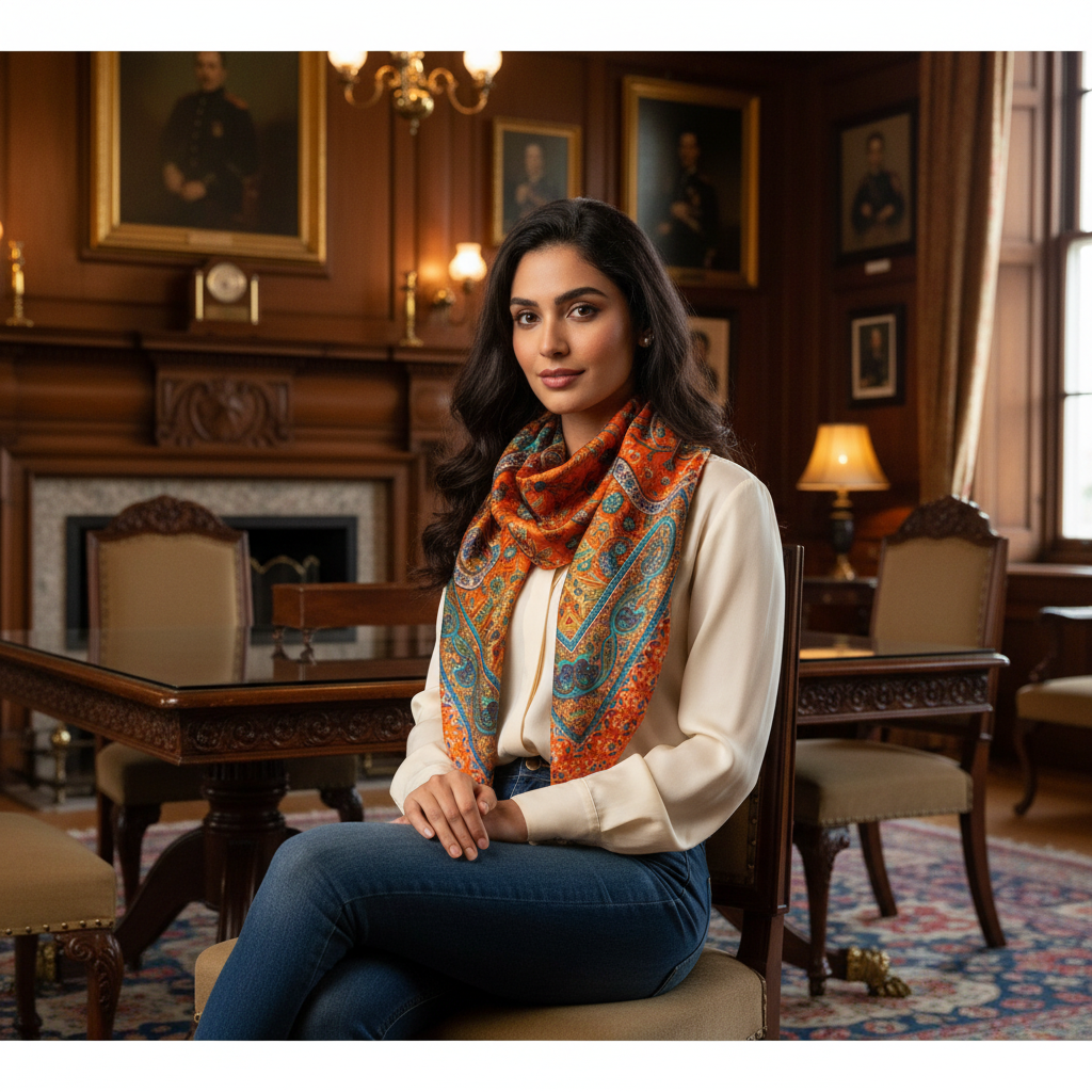 Orange scarf with intricate patterns on a white background
