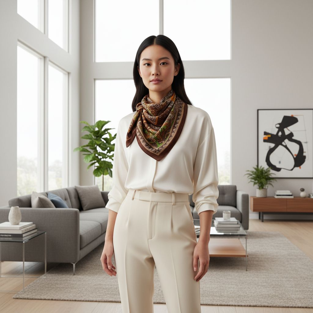 Patterned scarf with brown, green, and orange colors on a white background