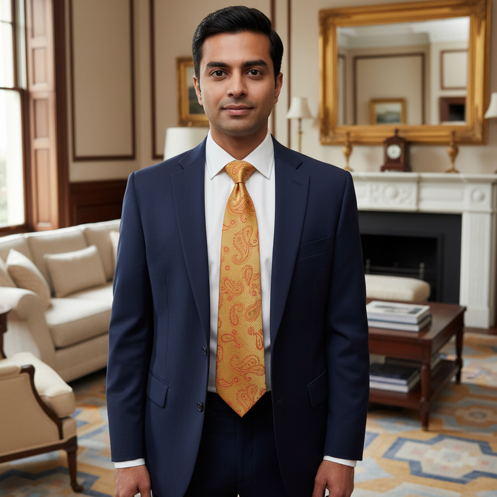 Yellow paisley tie in a black box on a white background