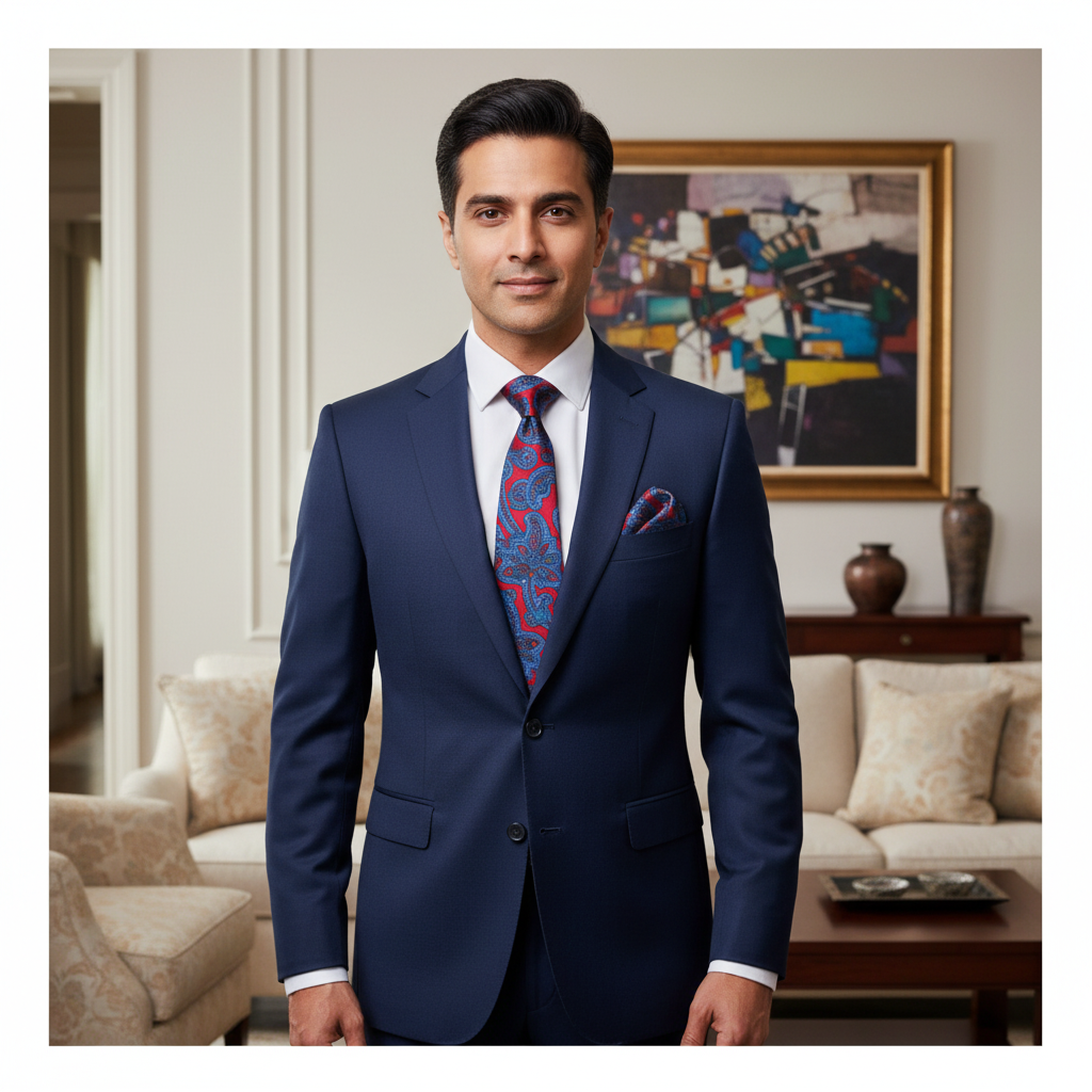 Red and blue patterned tie with matching pocket square in a 'Military Mojo' box.