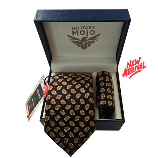Black tie with gold pattern in a 'Military Mojo' box, featuring a 'New Arrival' label.