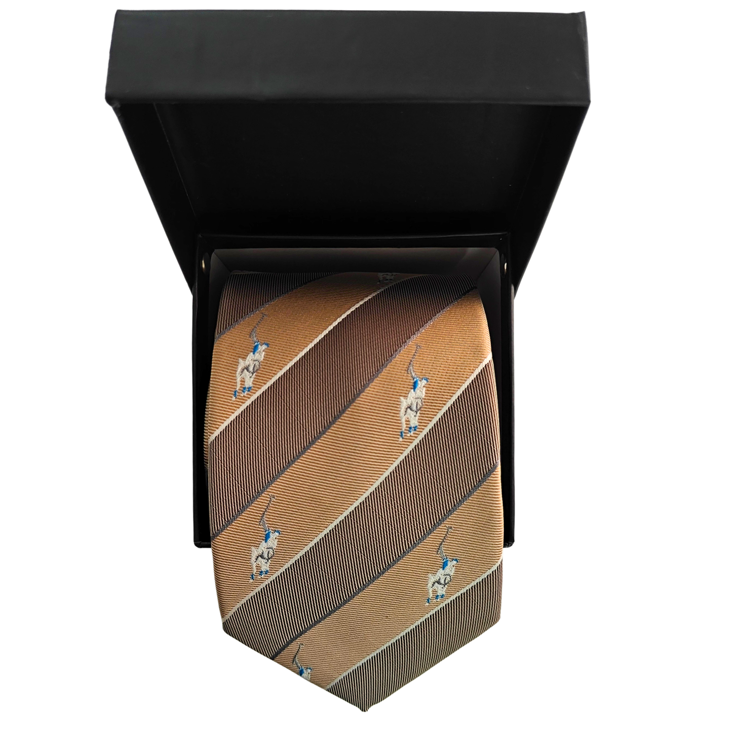 Brown striped tie with polo player design in a black box on a white background