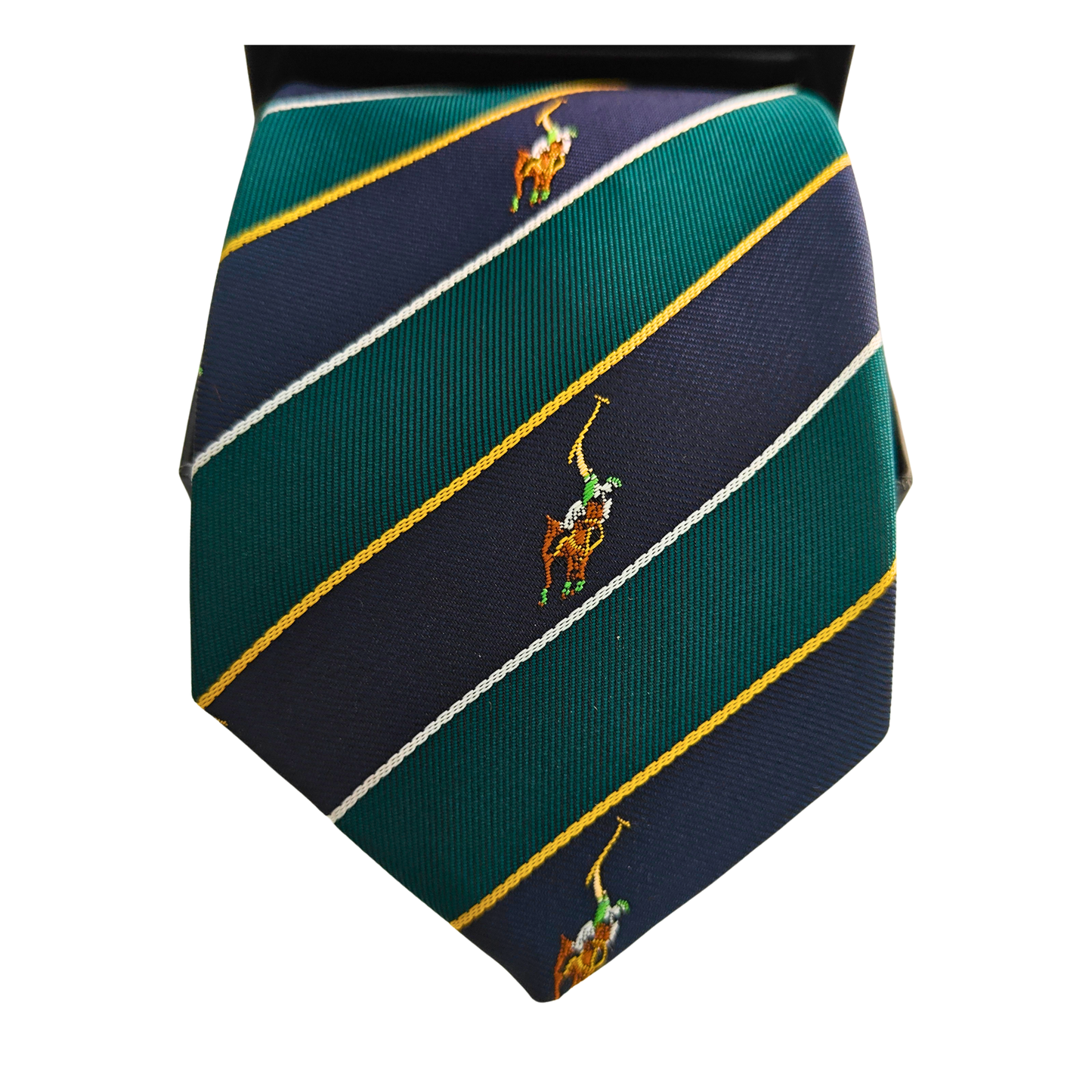 Striped tie with embroidered polo player design on a white background