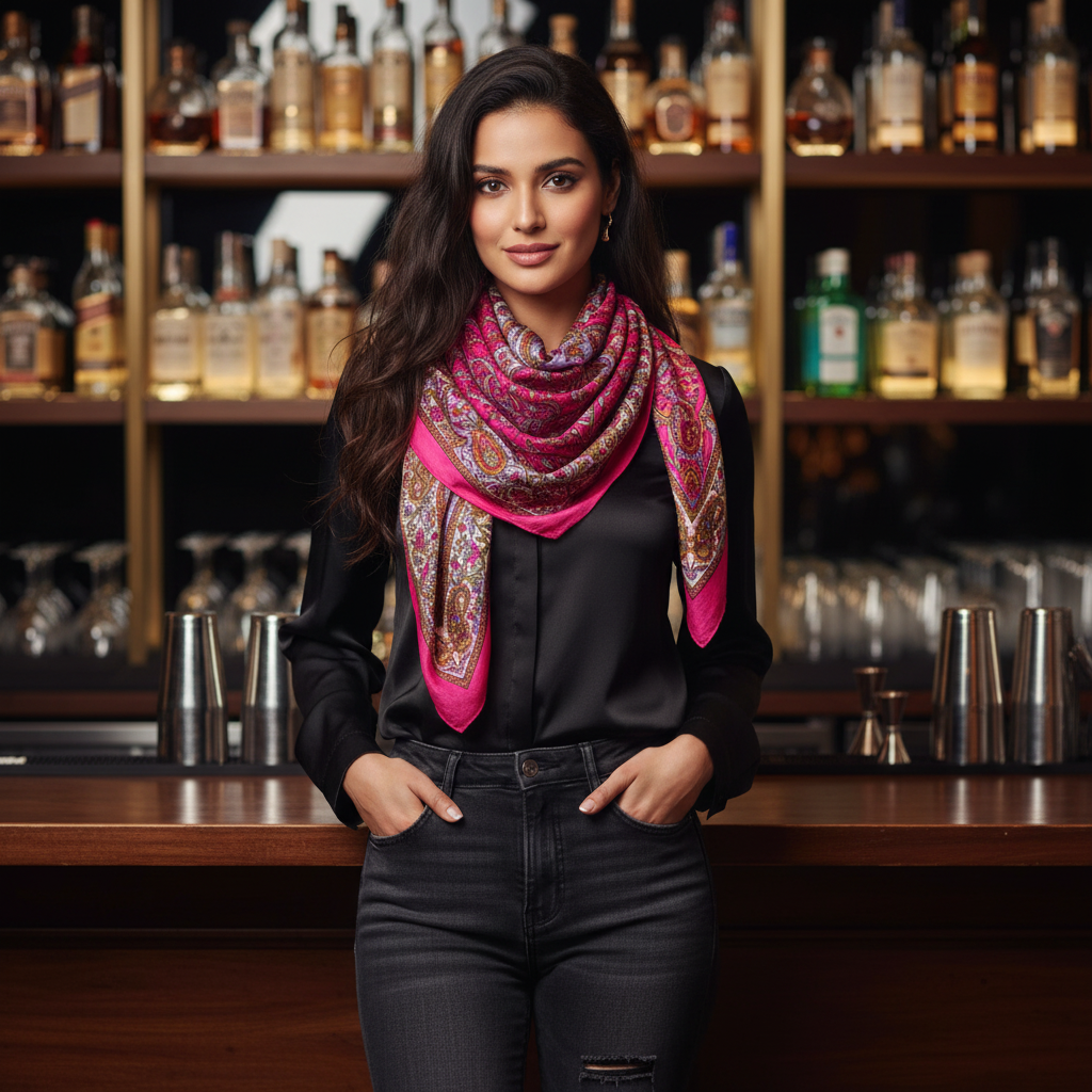 Pink scarf with intricate paisley patterns on a white background