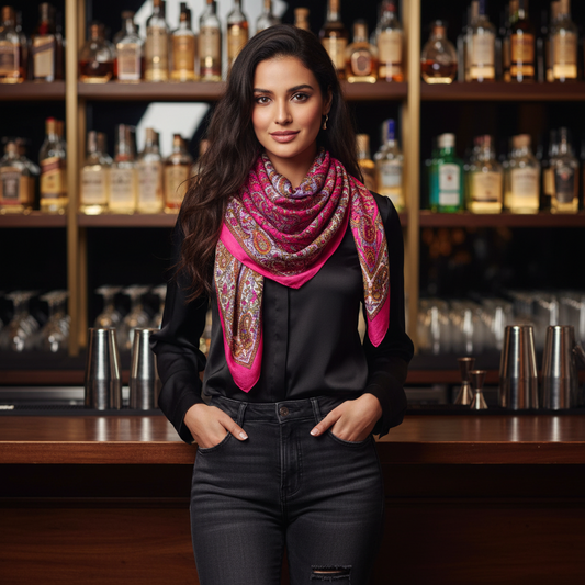 Pink scarf with intricate paisley patterns on a white background