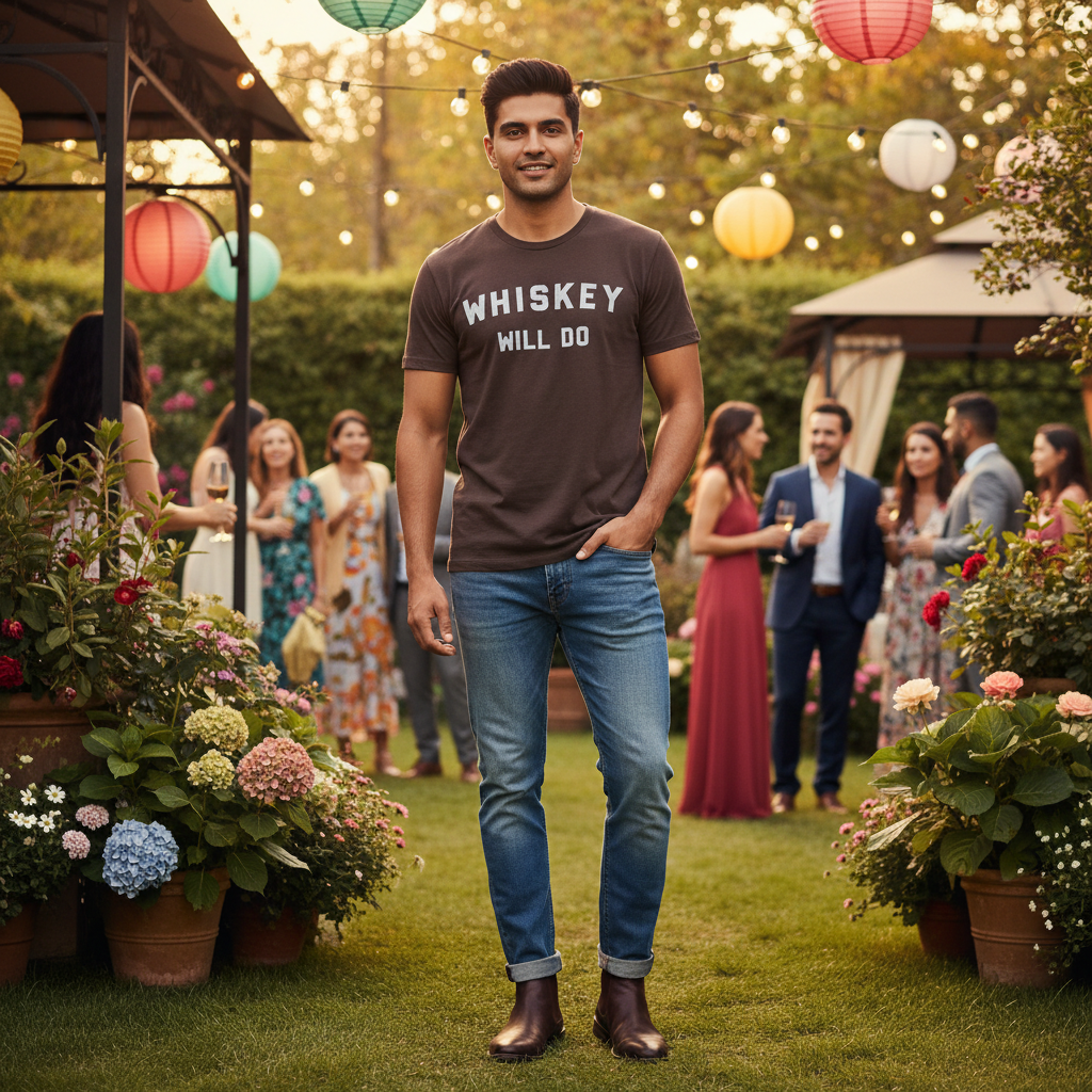 A dark brown cotton T-shirt with the slogan 'WHISKEY WILL DO' printed in light grey color.