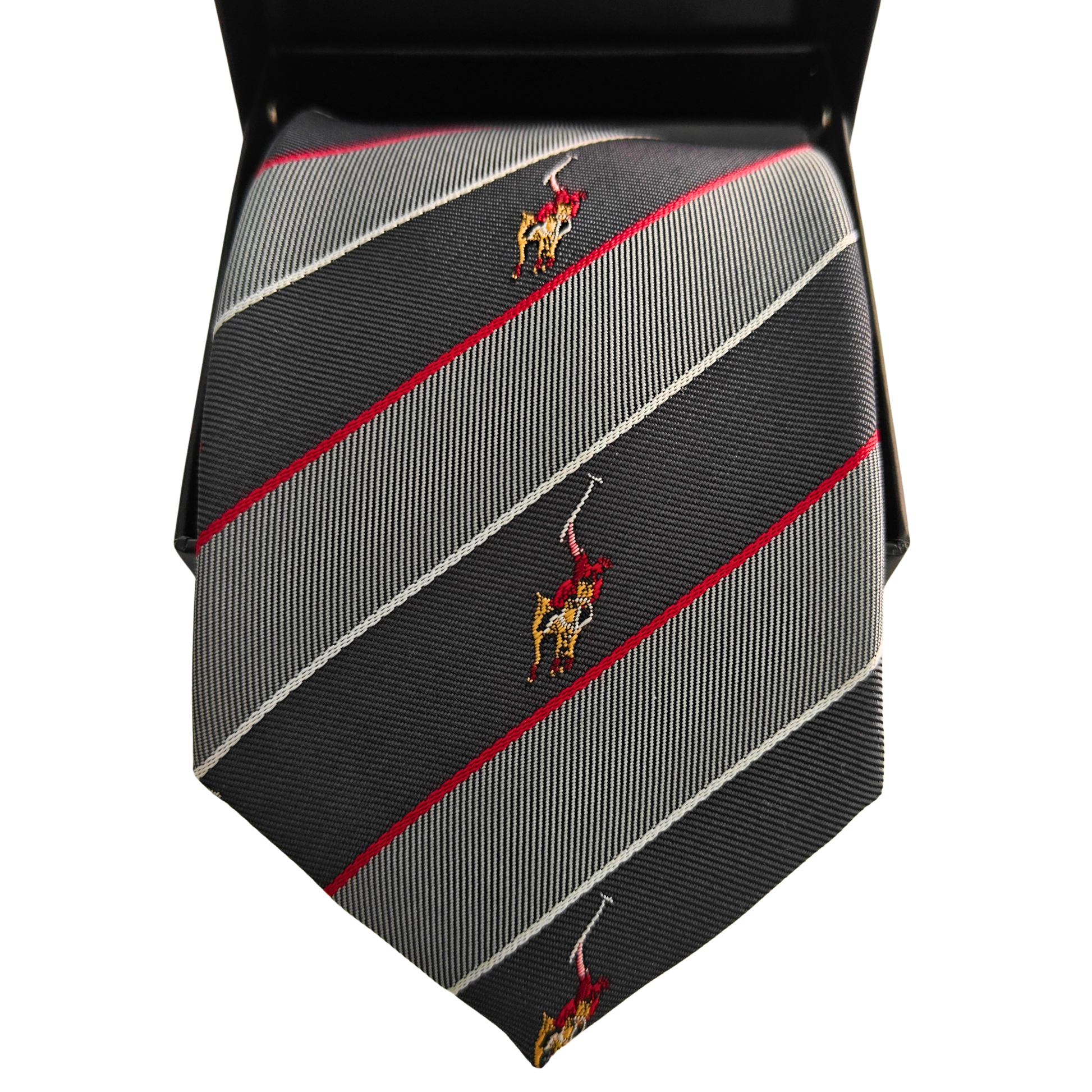 Striped tie with embroidered logos on a white background