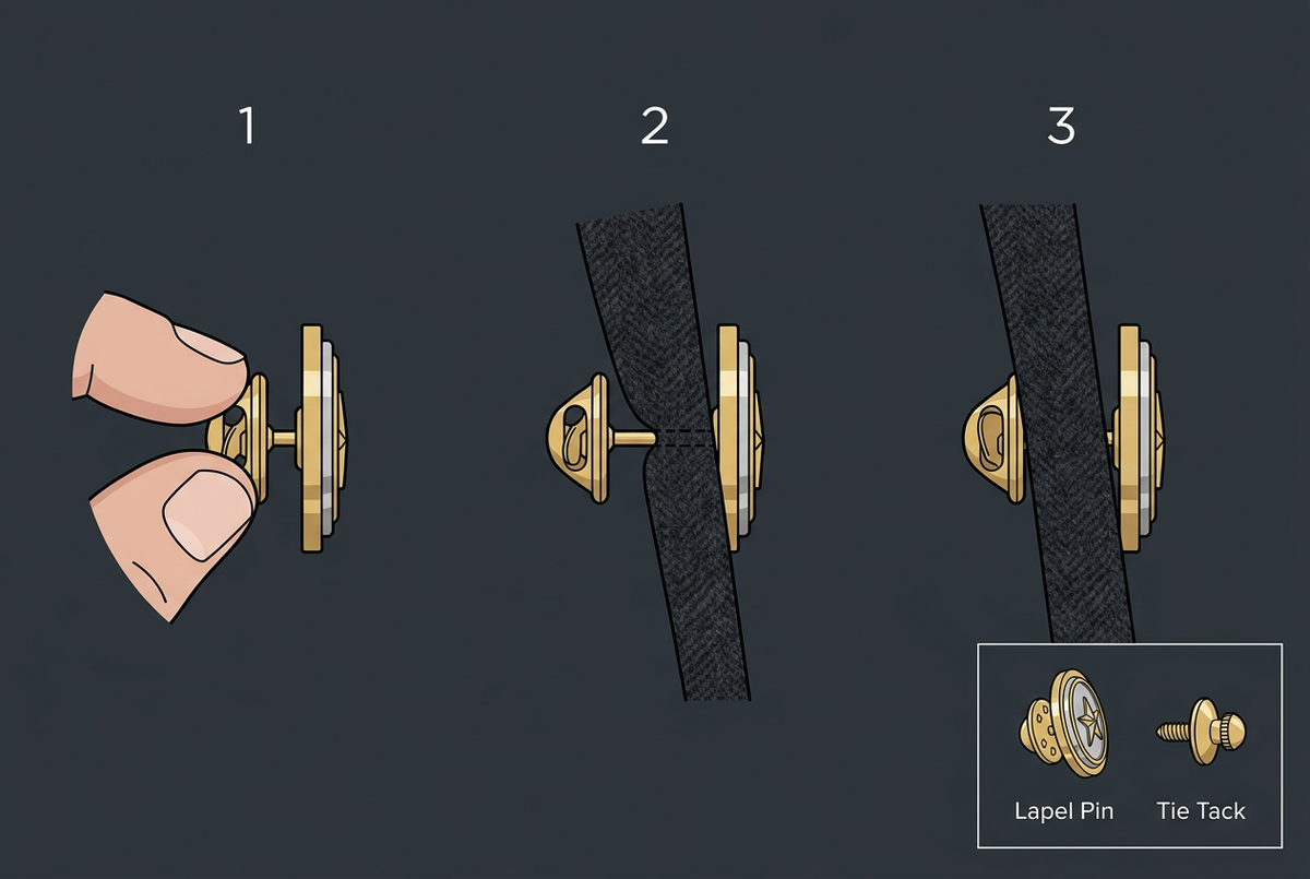 Step-by-step diagram showing how to open the butterfly clutch, insert the post through fabric, and lock the pin — with lapel and tie-tack placement comparison.