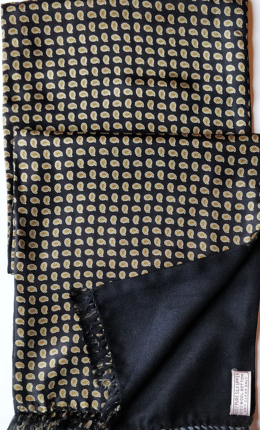 Black n Gold Small Paisley Silk & Wool Scarf