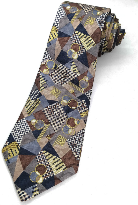 A multicolored jacquard silk necktie with a geometric pattern, primarily in shades of blue, brown, and beige.