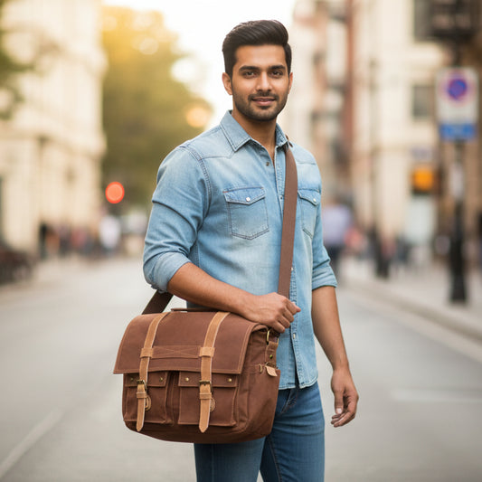 A brown messenger bag with brass magnetic closures, multiple compartments, and an adjustable canvas strap, made of heavy-duty canvas and genuine leather.