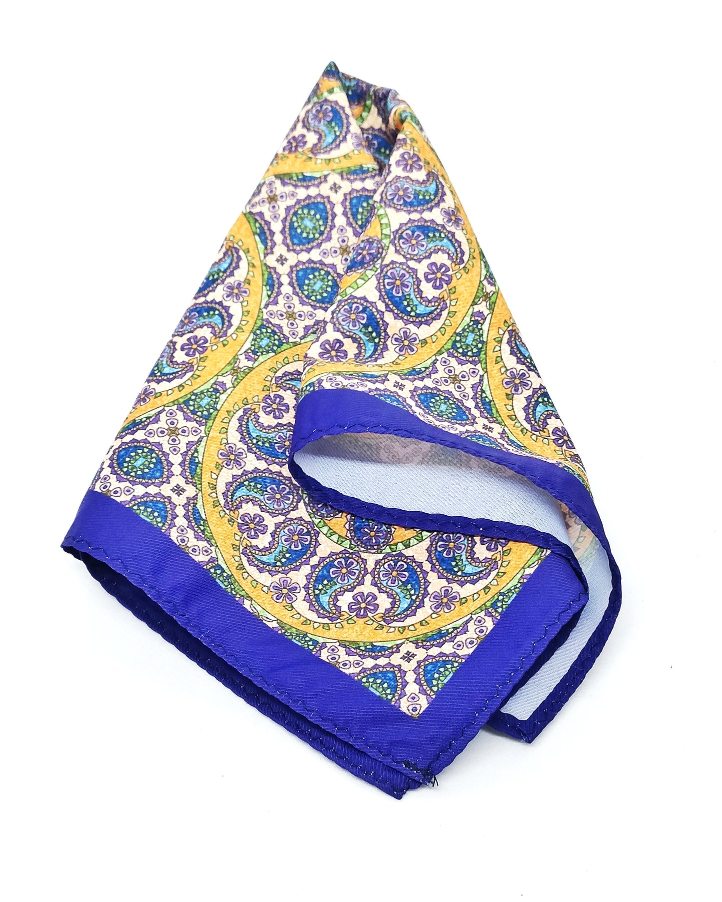 A pocket square with a yellow and purple floral pattern on a blue background.